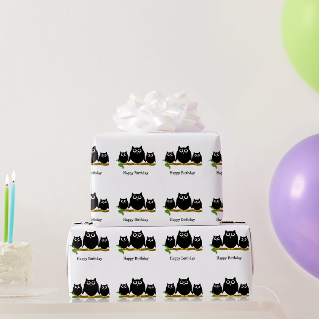 Papier Cadeau Black Owls Design Birthday Gift (Cadeaux de fête)