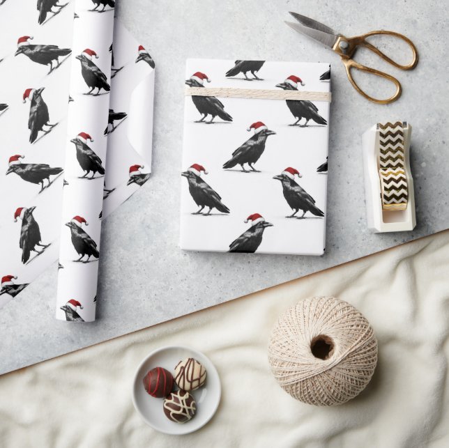 Papier Cadeau Black raven crow with red santa hat pattern (Artisanat)
