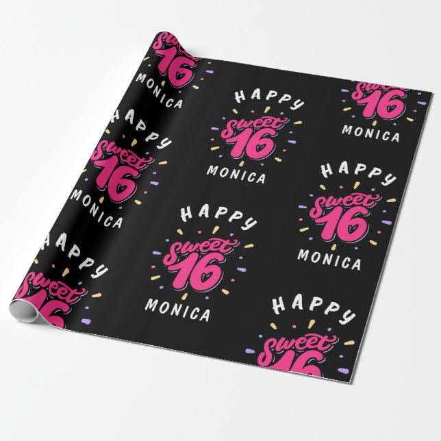 Papier Cadeau Black Rose Sweet 16 Anniversaire personnalisé (Déroulé)