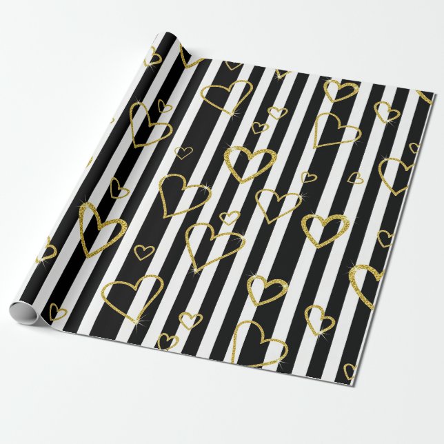 Papier Cadeau Black Stripe Gold Heart Glam Pattern (6) (Déroulé)