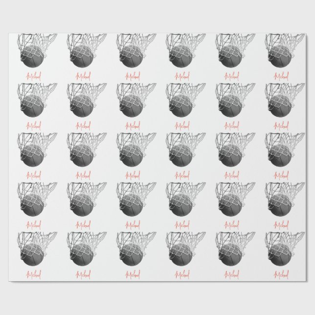 Papier Cadeau Black & White Basketball Ball & Net Your Name (Plat)