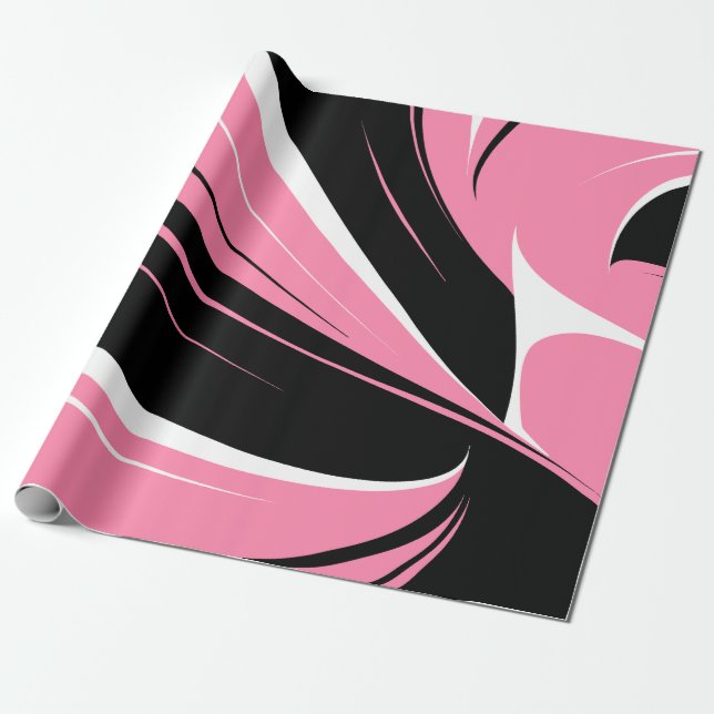 Papier Cadeau Black & White Curved Streaks on a Pink Background (Déroulé)