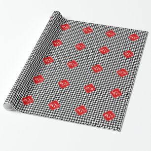 Papier Cadeau Black Wht Houndstooth Red Quatrefoil