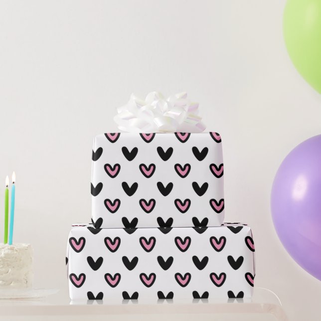Papier Cadeau Blanc avec Coeurs rose et noir (Cadeaux de fête)