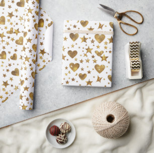 Papier Cadeau Blanc avec coeurs scintillants dorés