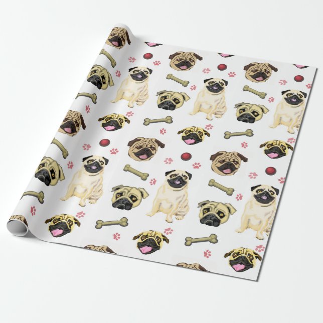Papier cadeau blanc avec têtes de Pug (Déroulé)