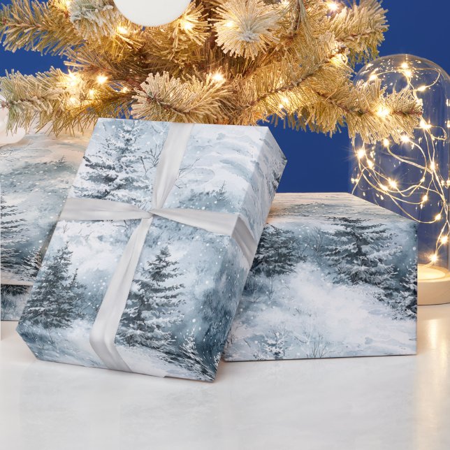 Papier Cadeau Blanc Bleu Arbres de Noël Neige d'hiver (Vacances)