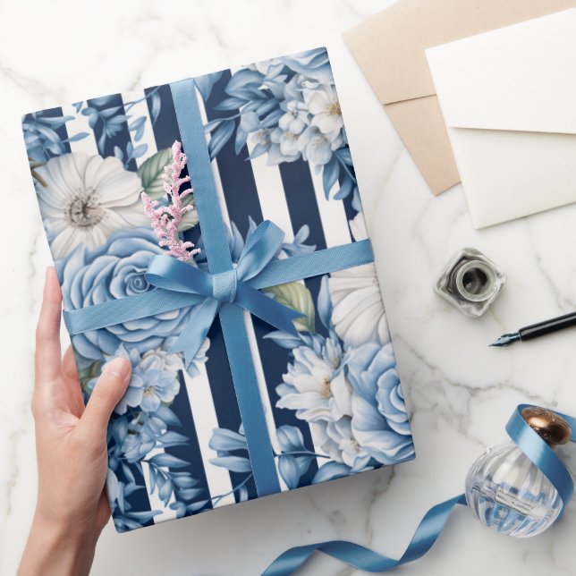 Papier Cadeau Blanc Bleu Grandes Florales Anniversaire (Cadeaux)