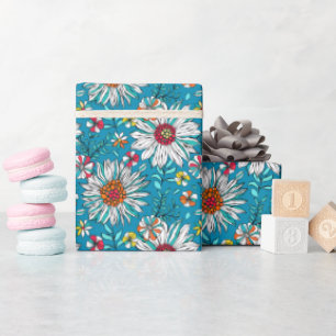 Papier Cadeau Blanc Bleu Jaune Orange Rouge Fleurs de marais Mot