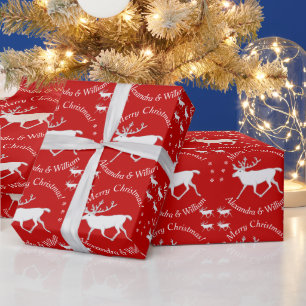 Papier Cadeau Blanc Caribou Reindee Noël Personnalisé Rouge
