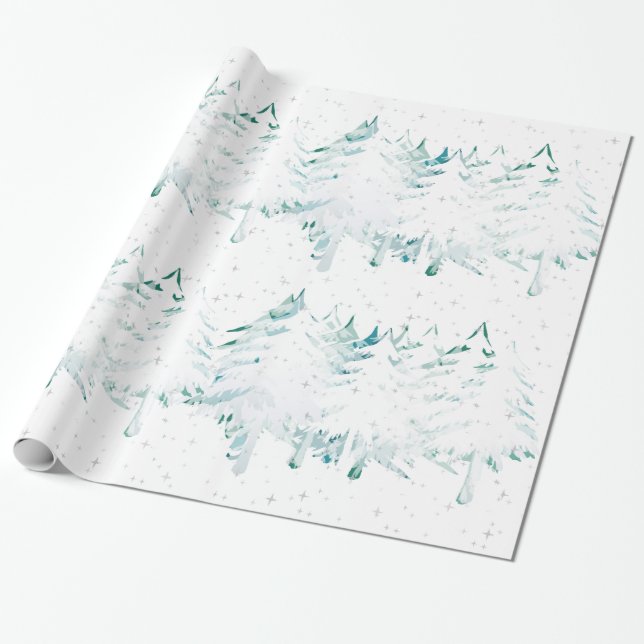 Papier Cadeau Blanc chargé par neige sur les arbres de Noël (Déroulé)