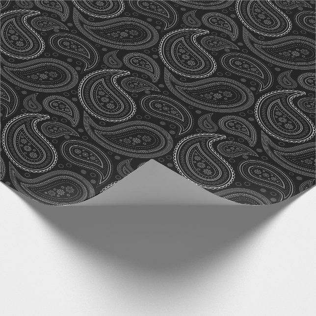 Papier Cadeau Blanc de Paisley sur le papier d'emballage noir (Coin)