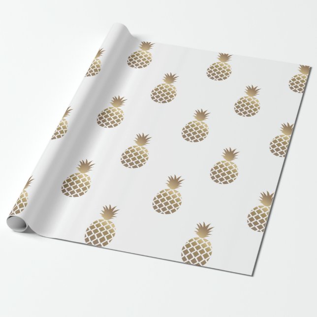 Papier Cadeau Blanc de papier d'emballage de motif d'ananas d'or (Déroulé)