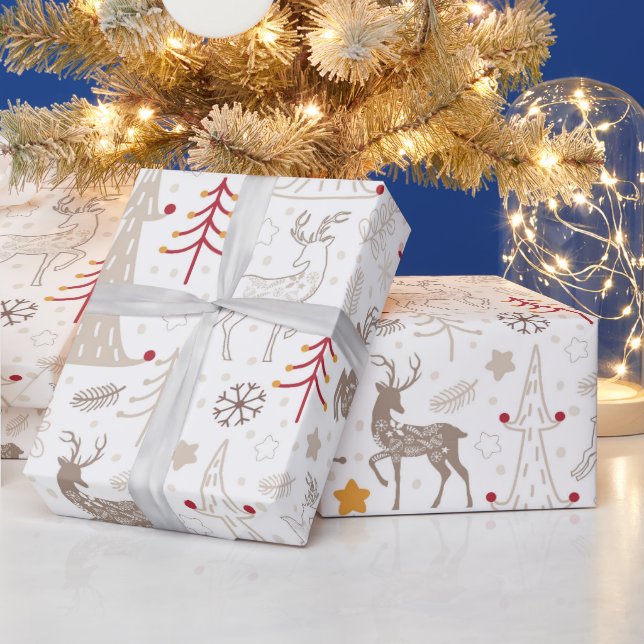 Papier Cadeau Blanc d'hiver, sapin de Noël et cerfs (Vacances)