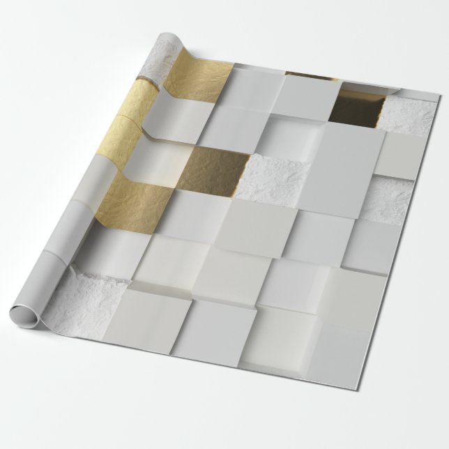 Papier Cadeau Blanc élégant et or d'art du mur 3D de cube (Déroulé)