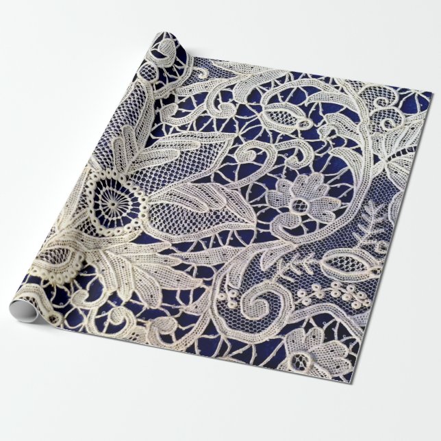 Papier Cadeau Blanc Élégant Fleurs Dentelle Antique Sur Navy (Déroulé)