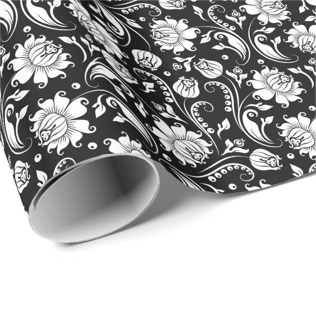 Papier Cadeau Blanc Floral Damques Arrière - plan noir (Coin rond)