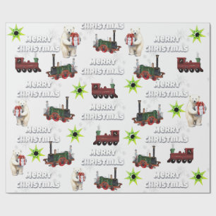 Papier Cadeau Blanc Joyeux Noël Polar Ours Stars Trains