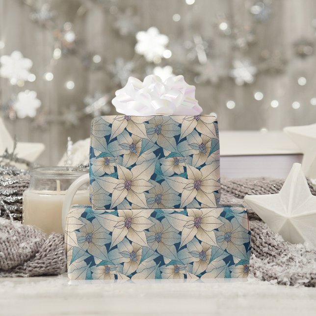 Papier Cadeau Blanc moderne Poinsettia Motif bleu de Noël (Créateur téléchargé)
