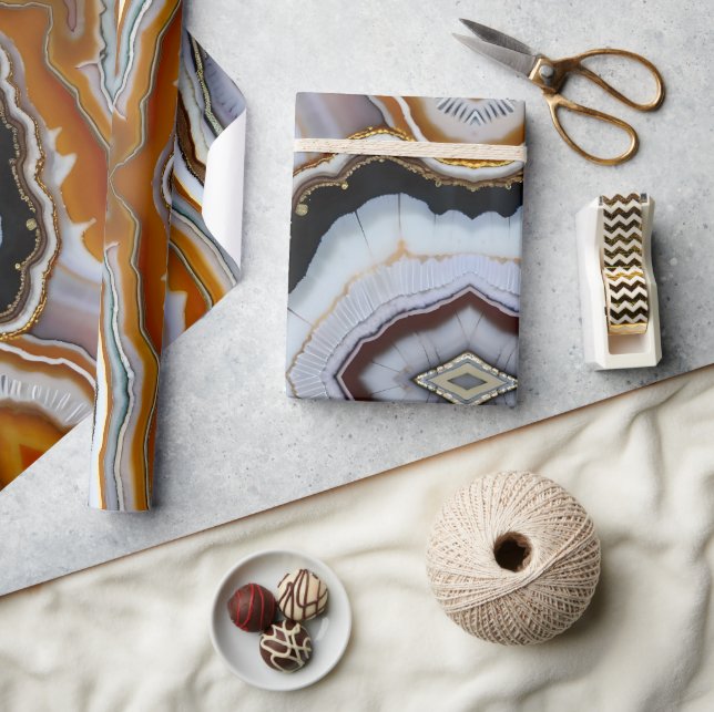 Papier Cadeau Blanc Noir Gris Orange Terracotta Agate Géode (Artisanat)