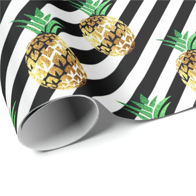 Papier Cadeau Blanc noir rayures tropicales fruit ananas or (Coin rond)