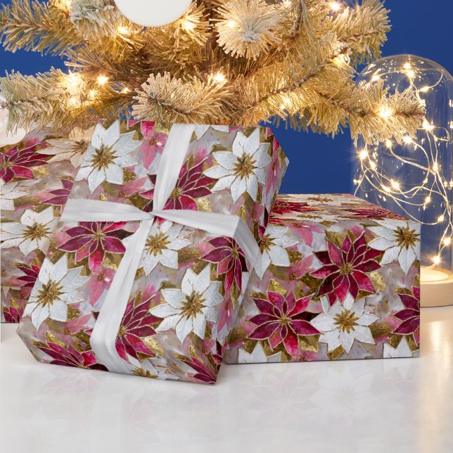 Papier Cadeau Blanc Or Bourgogne rose Poinsettias de Noël (Vacances)
