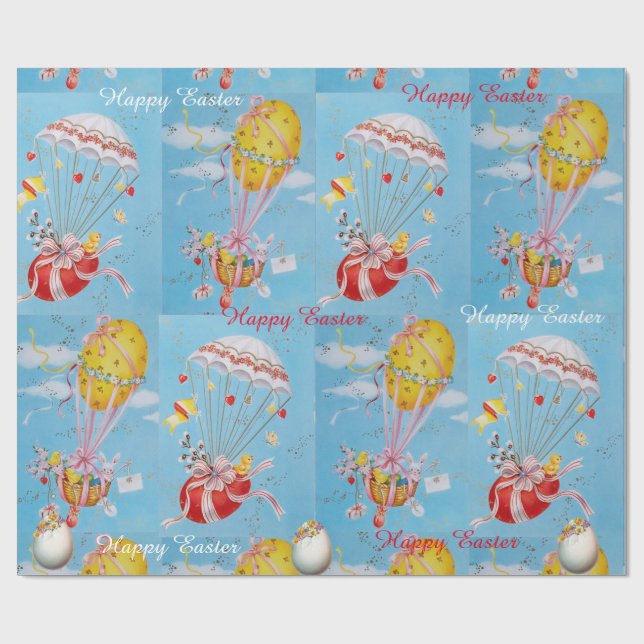 PAPIER CADEAU BLANC, POULET, BALLONS AVEC OEUFS DE PÂQUES (Plat)