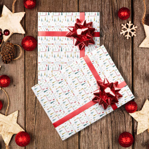 Papier Cadeau Blanc rétro Coloré Oh Noël Arbre de Noël