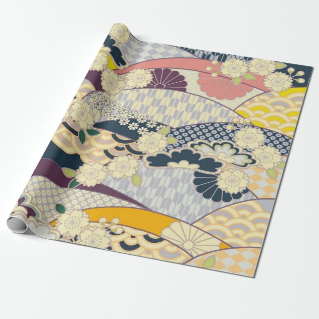 Papier Cadeau Blanc rose Bleu Japonais Kimono Floral Découpage (Déroulé)