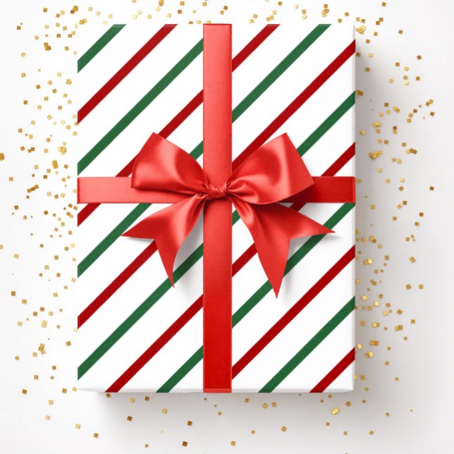 Papier Cadeau Blanc rouge vert Grandes Motifs de Noël (White Red Green Christmas Stripes Pattern Wrapping Paper)