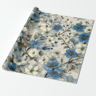 Papier Cadeau Blanc Rustique Bleu Botanique Pastel Vintage Flora