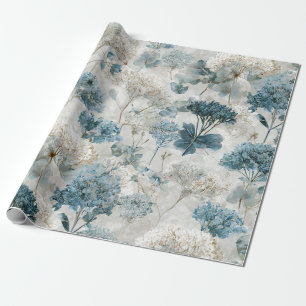 Papier Cadeau Blanc Rustique Fleurs Botaniques Bleues Floral Vin