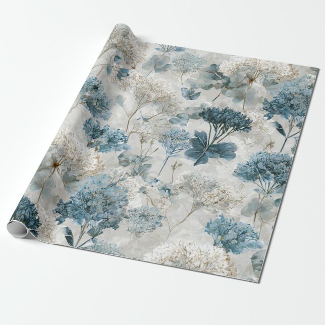 Papier Cadeau Blanc Rustique Fleurs Botaniques Bleues Floral Vin (Déroulé)