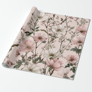 Papier Cadeau Blanc Rustique Fleurs Botaniques Pastel Vintage Fl