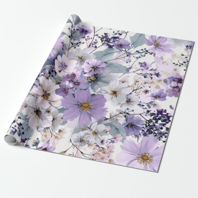 Papier Cadeau Blanc Rustique Fleurs Botaniques Violettes Floral  (Déroulé)