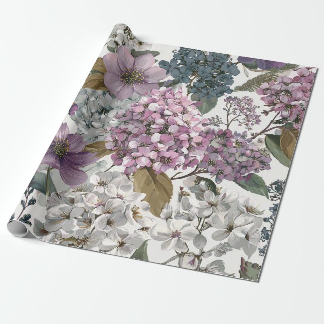 Papier Cadeau Blanc Rustique Fleurs Botaniques Violettes Floral  (Déroulé)