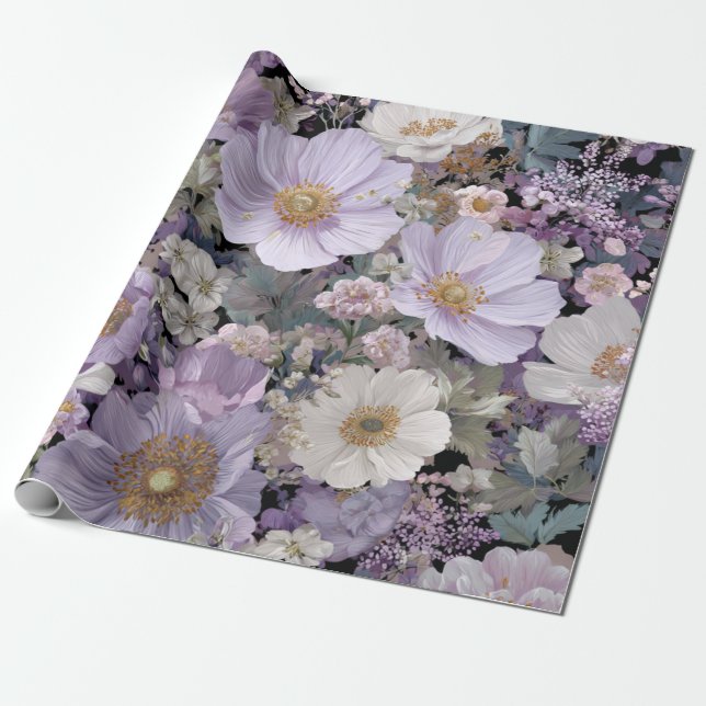 Papier Cadeau Blanc Rustique Fleurs Botaniques Violettes Floral  (Déroulé)