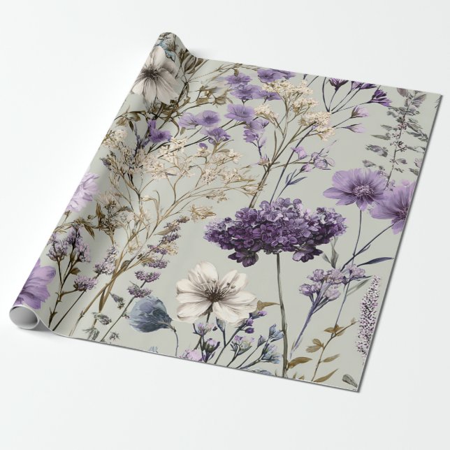 Papier Cadeau Blanc Rustique Fleurs Botaniques Violettes Floral  (Déroulé)