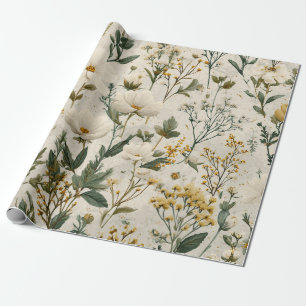 Papier Cadeau Blanc Rustique Jaune Botanique Floral Vintage