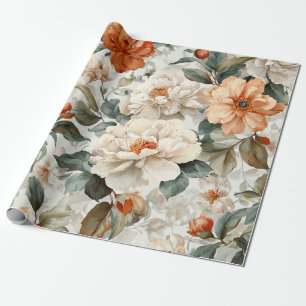Papier Cadeau Blanc Rustique Orange Botanique Vintage Boho Flora