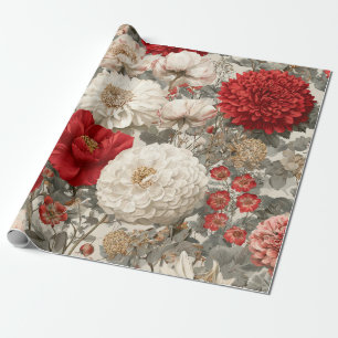 Papier Cadeau Blanc Rustique Rouge Botanique Pastel Vintage Flor