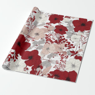 Papier Cadeau Blanc Rustique Rouge Botanique Pastel Vintage Flor