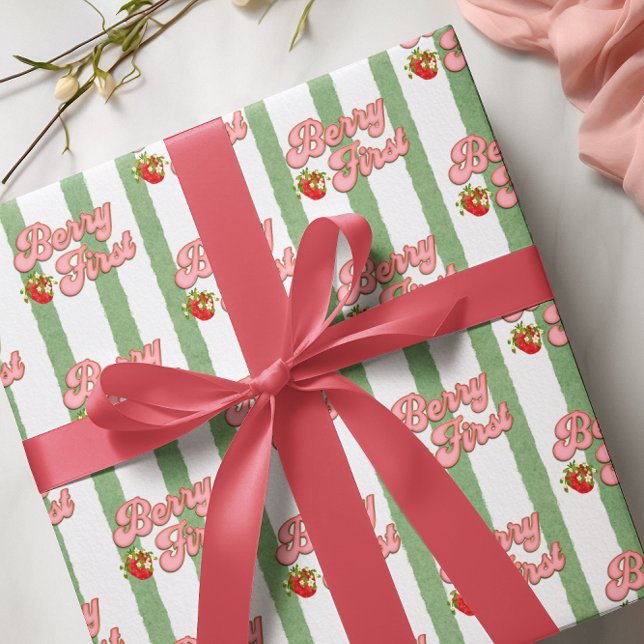 Papier Cadeau Blanc Rustique Vert Baie Premier Anniversaire Frai (Créateur téléchargé)