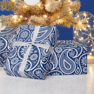 Papier Cadeau Blanc sur bleu vintage paisley motif