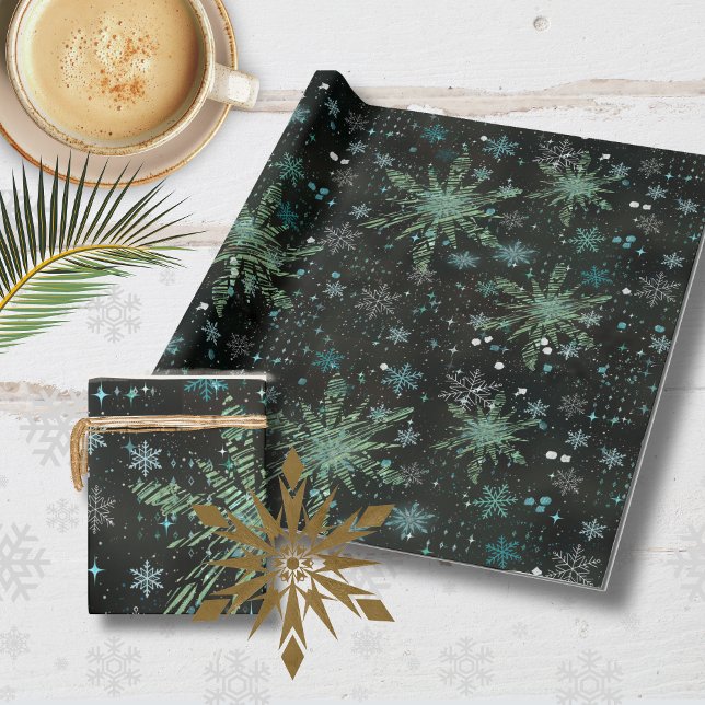 Papier Cadeau Blanc Turquoise Blue Snowflakes Papier à enveloppe (White Teal Blue Snowflakes Black Wrapping paper )