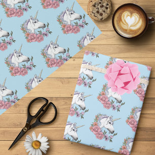 Papier Cadeau Blanc Unicorne rose Fleurs Bleu