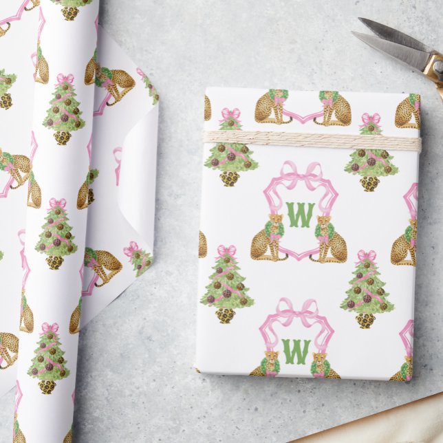 Papier Cadeau Blason de monogramme de Noël au léopard Prépa aqua (Créateur téléchargé)