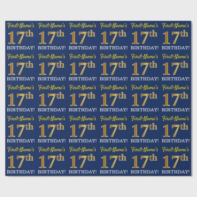Papier Cadeau Bleu, aspect or imitation "17e ANNIVERSAIRE" (Plat)