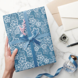 Papier Cadeau bleu avec blanc, bleu, fleurs, floral, rustique, f