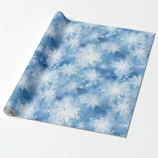 Papier Cadeau Bleu avec des flocons de neige Style aquarelle (Déroulé)